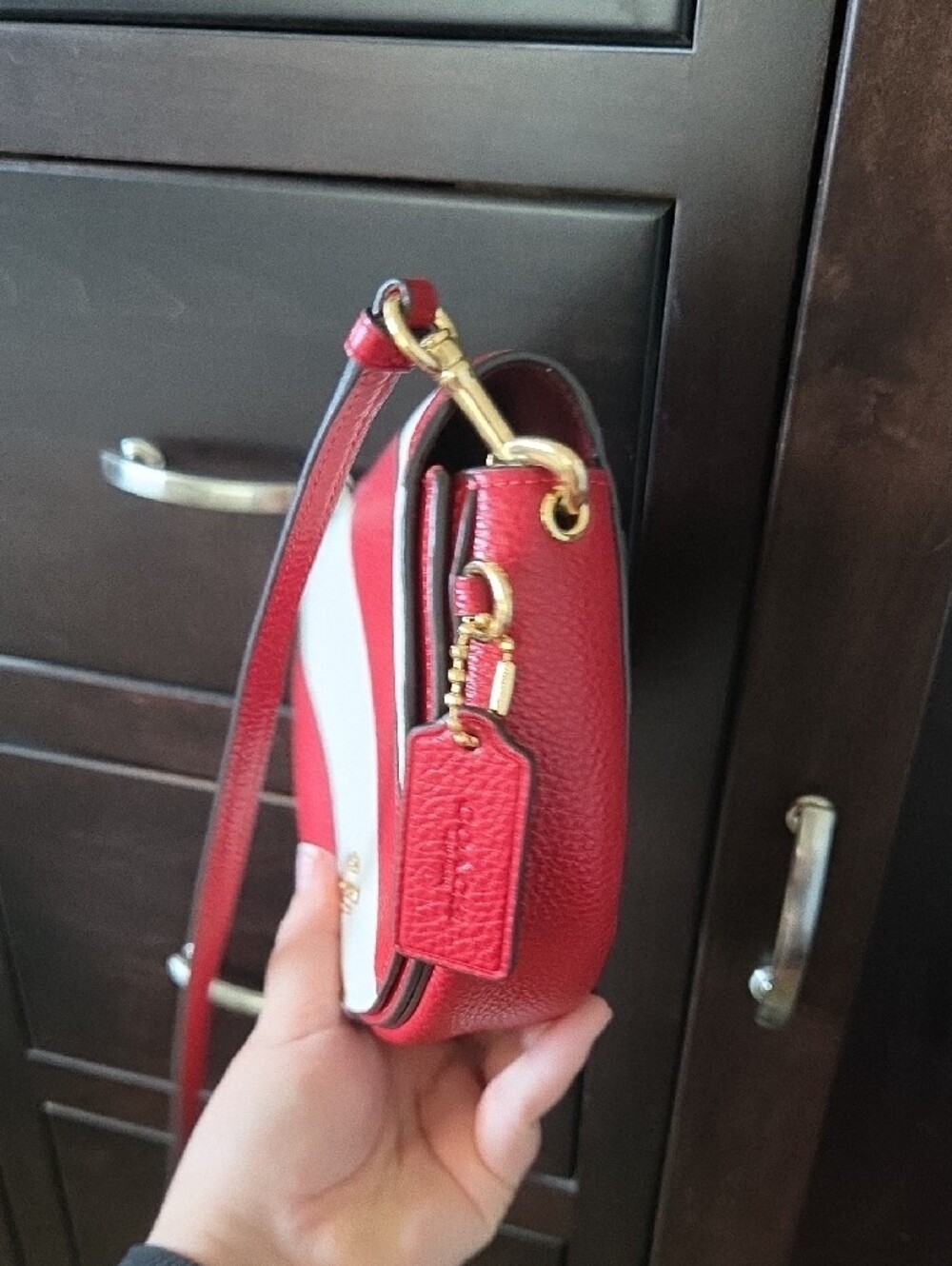 Coach Ellen Crossbody Bag with Diagonal Stripes - Red & Chalk White - Picture 5 of 16